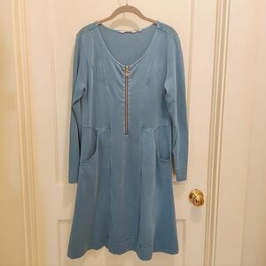 Soft Surroundings Blue Zip Front Midi Dress Cotton Blend Women's Medium